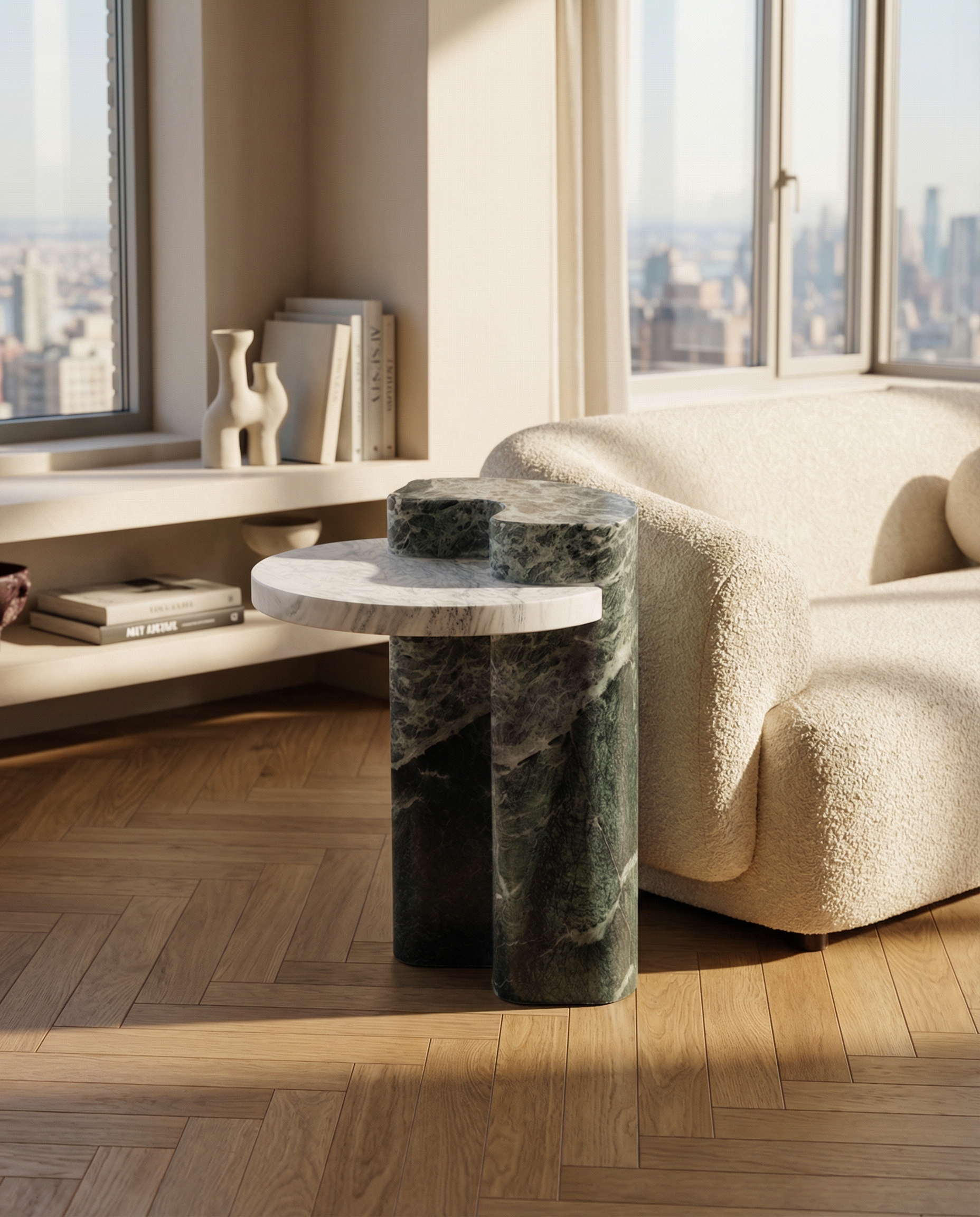 Lavanche coffee table — stone arrested mid-movement in warm light